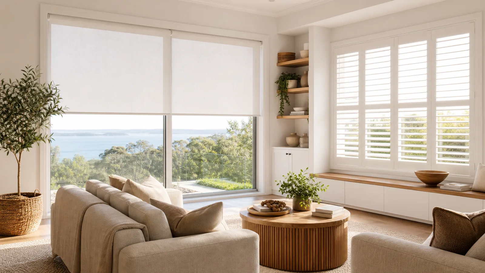 Made-to-measure roller blinds and plantation shutters in a modern Albury living room